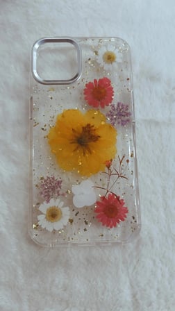 İphone 13/14 uyumlu Gerçek Kurutulmuş Çiçek Dizayn Krom Çerçeveli Şeffaf Telefon Kılıfı