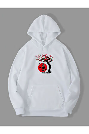 3 İplik İtachi Baskılı Beyaz Kanguru Cepli Kapüşonlu Sweatshirt Hoodie | L