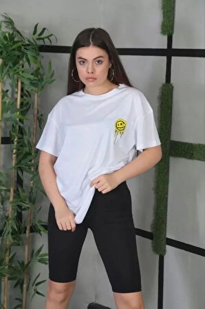 Modavera Unisex Bisiklet Yaka Baskılı Oversize T-Shirt - Beyaz