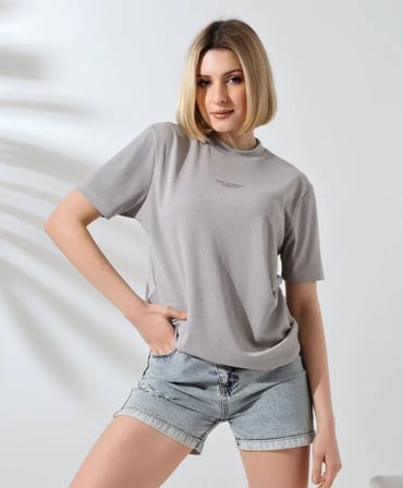 Modavera Unisex Bisiklet Yaka Baskılı Slim Fit T-Shirt - Boyalı Gri