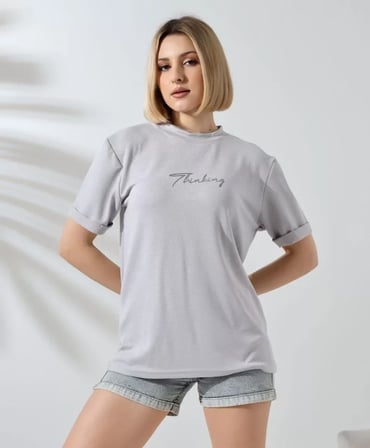 Modavera Unisex Bisiklet Yaka Baskılı Slim Fit T-Shirt - Boyalı Gri