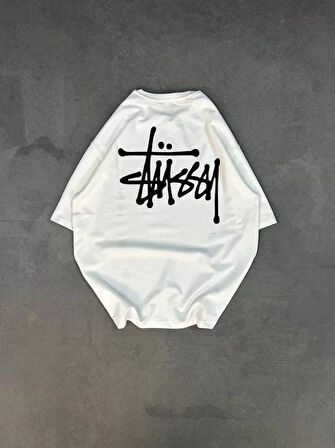 Modavera Unisex Bisiklet Yaka Baskılı Oversize T-Shirt - Beyaz