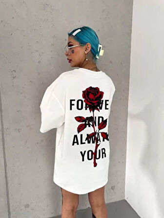 Modavera Unisex Bisiklet Yaka Baskılı Oversize T-Shirt - Beyaz