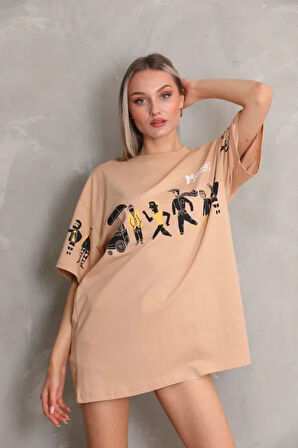 Modavera Unisex Bisiklet Yaka Baskılı Oversize T-Shirt - Bej