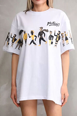 Modavera Unisex Bisiklet Yaka Baskılı Oversize T-Shirt - Beyaz