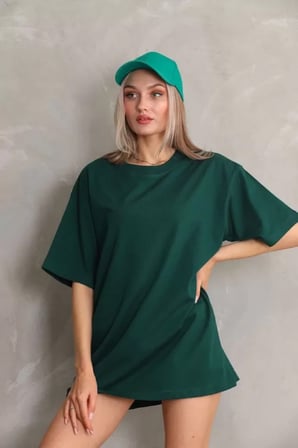Modavera Unisex Bisiklet Yaka 20/1 Düz Oversize T-Shirt - Yeşil