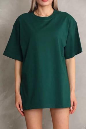 Modavera Unisex Bisiklet Yaka 20/1 Düz Oversize T-Shirt - Yeşil