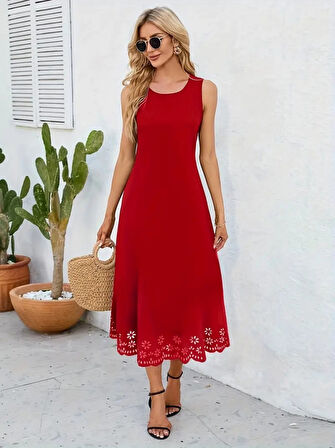 Modavera Kadın Kolsuz Etek Ucu Lazer Kesim çiçek Desenli Midi Boy Ithal Krep Elbise