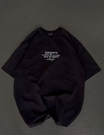 Modavera Unisex Bisiklet Yaka Baskılı Oversize T-Shirt - Siyah