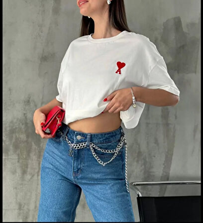 Modavera Unisex Bisiklet Yaka Baskılı Oversize T-Shirt - Beyaz