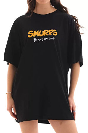 Modavera Unisex Bisiklet Yaka Baskılı Oversize T-Shirt - Siyah