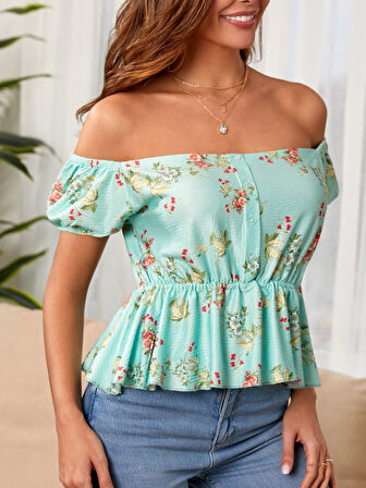 Modavera Kadın Kısa Kollu Madonna Yaka çiçek Desenli Düğme Detay Gipeli Süprem Kumaş Bluz