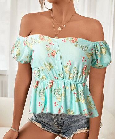 Modavera Kadın Kısa Kollu Madonna Yaka çiçek Desenli Düğme Detay Gipeli Süprem Kumaş Bluz