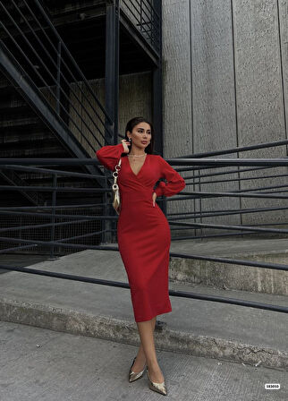 Modavera Kadın Kruvaze Yaka Balon Kol Simli Krep Kumaş Midi Boy Elbise