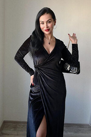 Modavera Kadın Uzun Kollu Kruvaze Yaka Yırtmaçlı Kadife Elbise