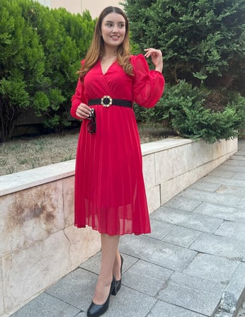 Modavera Kadın şifon Kumaş Astalı Kloş Kesim Kruvaze Yaka Midi Boy Elbise