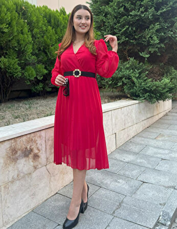 Modavera Kadın şifon Kumaş Astalı Kloş Kesim Kruvaze Yaka Midi Boy Elbise