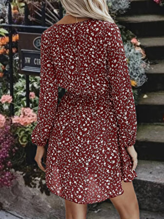 Modavera Kadın Uzun Kollu V Yaka Bağcıklı Belden Gipeli çiçek Baskılı Kısa Süprem Elbise