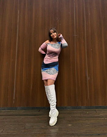 Modavera Kadın Uzun Kollu Tek Omuzu Askı Toka Detaylı Kısa Dalgıç Elbise