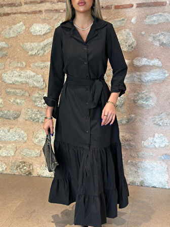 Modavera Kadın Uzun Kollu Eteği Fırfırlı Beli Kuşaklı Trikoton Tam Boy Gömlek Elbise