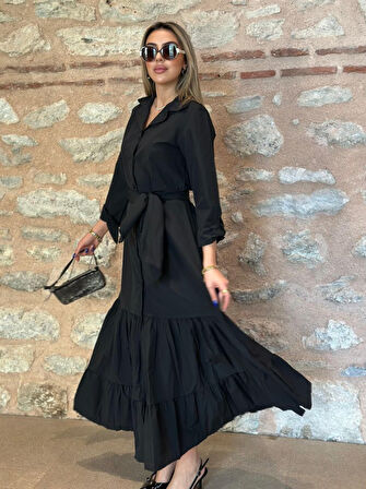 Modavera Kadın Uzun Kollu Eteği Fırfırlı Beli Kuşaklı Trikoton Tam Boy Gömlek Elbise