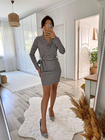 Modavera Kadın Uzun Kollu Kruvaze Yaka Bağlamalı Kemer Dalgıç Mini Boy Elbise