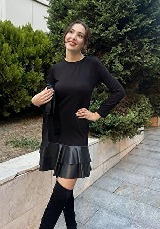 Modavera Kadın Uzun Kollu Bisiklet Yaka üst Viskon Etek Ucu Deri Kısa Elbise