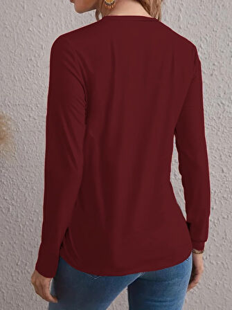 Modavera Kadın Uzun Kollu Bisiklet Yaka Yüz Desenli Viskon Bluz