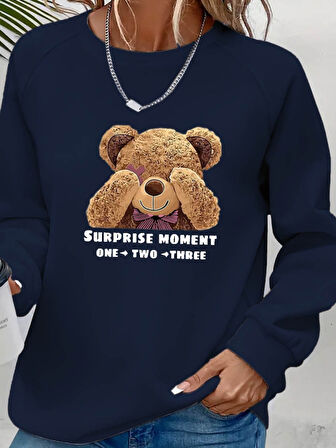 Modavera Kadın Uzun Kollu Bisiklet Yaka Ayıcık Desenli Viskon Iki Iplik Bluz