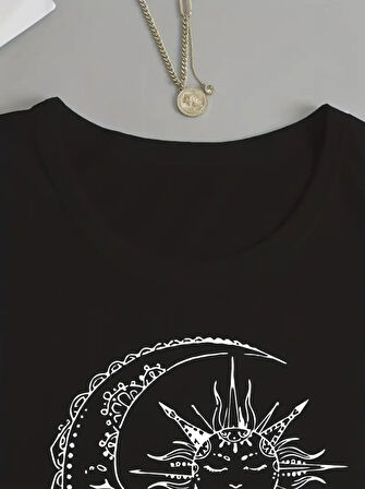 Modavera Kadın Uzun Kollu Bisiklet Yaka Ay Baskılı Viskon Bluz