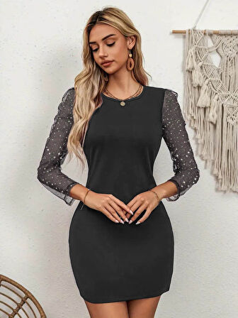 Modavera Kadın Bisiklet Yaka Kol Tül Detay Dalgıç Mini Boy Elbise