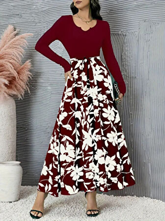 Modavera Kadın Uzun Kollu Yaka Açık üst Kaşkorse Beli Kuşaklı Alt çiçek Baskılı Dalgıç Elbise