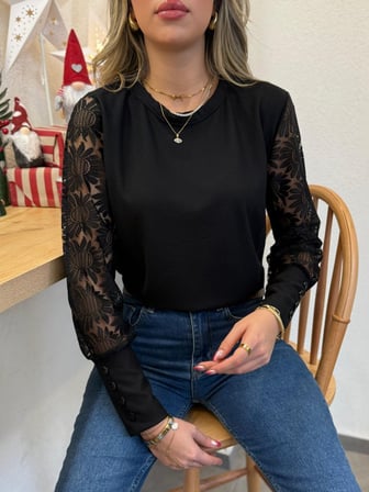 Modavera Kadın Uzun Kollu Bisiklet Yaka Kolları çiçekli Waffle Bluz