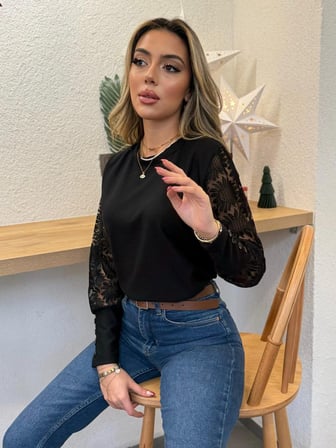 Modavera Kadın Uzun Kollu Bisiklet Yaka Kolları çiçekli Waffle Bluz