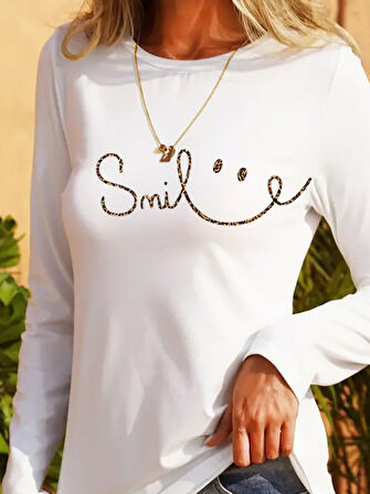 Modavera Kadın Uzun Kollu Bisiklet Yaka Gülümseyen Surat Desenli Viskon Bluz
