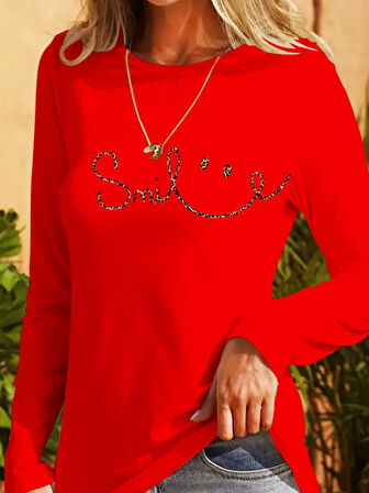 Modavera Kadın Uzun Kollu Bisiklet Yaka Gülümseyen Surat Desenli Viskon Bluz