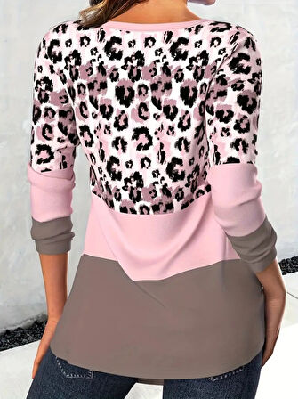 Modavera Kadın Uzun Kollu V Yakalı Leopar Baskılı şardonlu Dalgıç Bluz