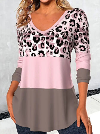 Modavera Kadın Uzun Kollu V Yakalı Leopar Baskılı şardonlu Dalgıç Bluz