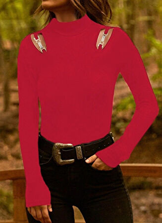 Modavera Kadın Uzun Kollu Omuz Dekolte Ve Aksesuar Detay Viskon Bluz