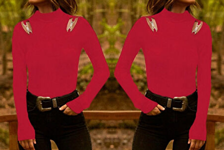 Modavera Kadın Uzun Kollu Omuz Dekolte Ve Aksesuar Detay Viskon Bluz