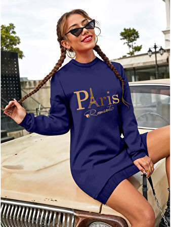 Modavera Kadın Uzun Kollu Bisiklet Yaka Yazılı Kısa Viskon Iki Iplik Elbise