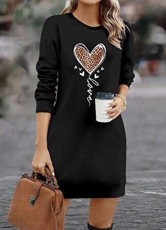 Modavera Kadın Uzun Kollu Bisiklet Yaka Kalp Desenli Kısa Viskon Elbise