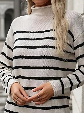 Modavera Kadın Uzun Kollu Yarım Balıkçı Yaka çizgilitriko Mini Boy Elbise (kemersiz)