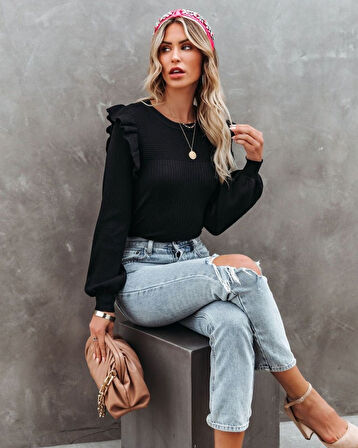 Modavera Kadın Uzun Kollu Bisiklet Yaka Omuzları Fırfırlı Triko Bluz