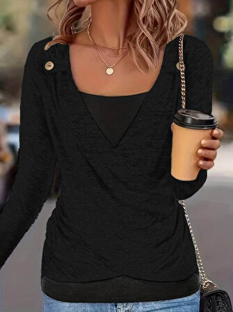 Modavera Kadın Uzun Kollu V Yaka Düğme Detaylı Yumoş Bluz