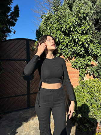 Modavera Kadın Yandan Bağlamalı Geniş Paçalı Fitil Kaşkorse İkili Takım