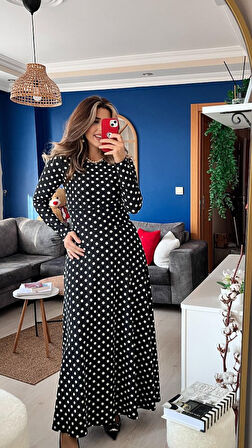 Modavera Kadın Krep Kumaş Uzun Kollu Tam Boy Puantiyeli Elbise 132 Cm