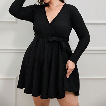 Modavera Kadın Uzun Kollu Kruvaze Yaka Kuşak Detay Salaş şardonlu Kaşkorse Mini Elbise