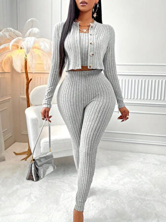 Modavera Kadın Uzun Kollu Straplez şardonlu Kaşkorse Bluz önü Düğmeli Ceket Ve Tayt Pantolonlu üçlü Takım