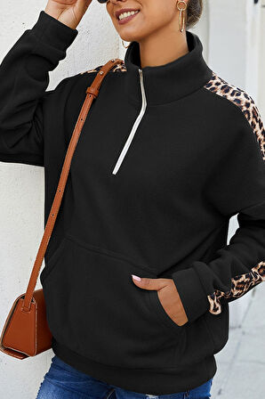 Modavera Kadın Uzun Kollu Balıkçı Yaka önden Fermuarlı Polar Bluz